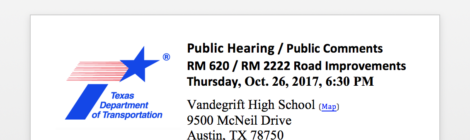 Please Attend Public Hearing for 620 / 2222 : October 26 @ Vandegrift